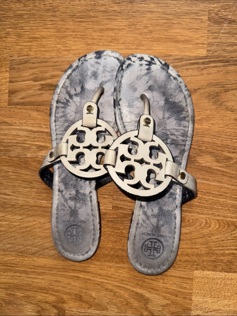 Tory Burch Silver Logo Medallion Thong Sandals